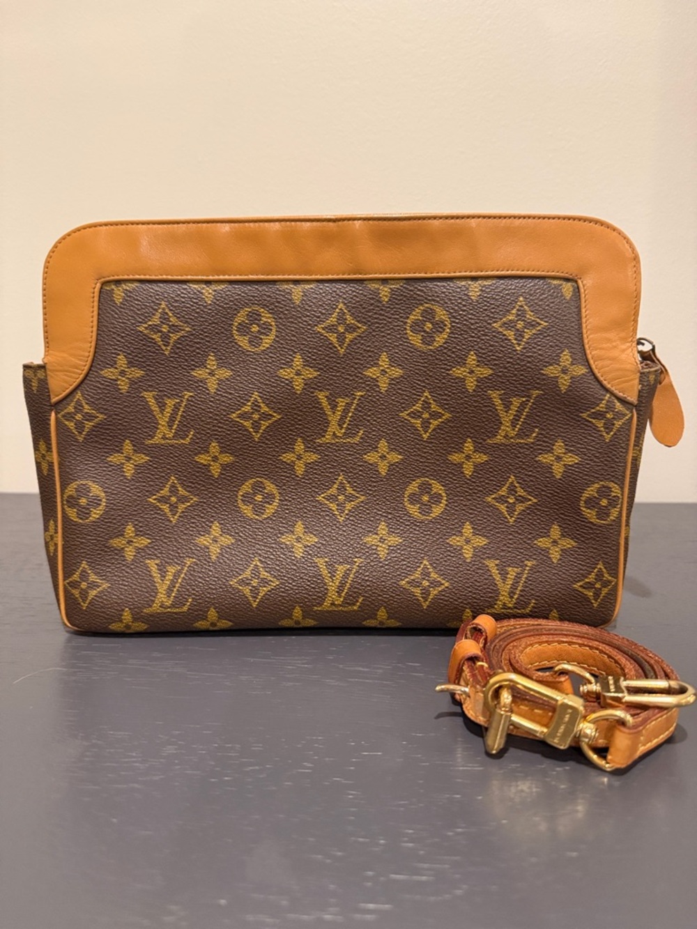 Vintage Louis Vuitton Monogram Clutch/Shoulder Bag With Tan Leather Trim